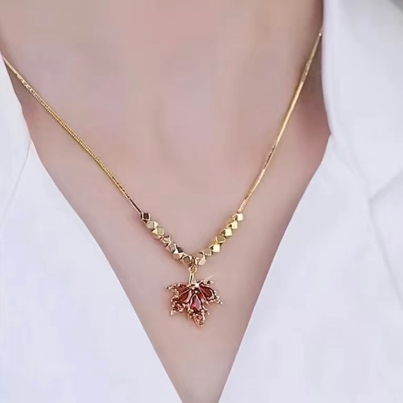 Leaf crystal gold necklace. Party date engagement guest gift birthday for her. - Picture 2 of 5